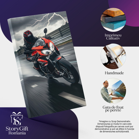 Motorcyclist Riding in Stormy Weather - Digital Art with Rain and Lightning, Marime 40x25CM [1]