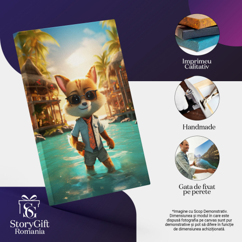 Tablou Canvas:  Vulpe in Vacanta  in Thailanda pregatita de Distractie in Piscina langa Case si Palmieri Pictura Digitala 40x25CM [2]