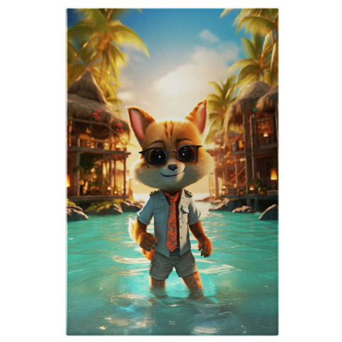 Apă & Natură - Tablou Canvas:  Vulpe in Vacanta  in Thailanda pregatita de Distractie in Piscina langa Case si Palmieri Pictura Digitala 40x25CM