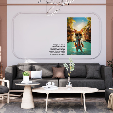 Tablou Canvas:  Vulpe in Vacanta  in Thailanda pregatita de Distractie in Piscina langa Case si Palmieri Pictura Digitala 40x25CM [1]