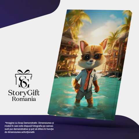 Tablou Canvas:  Vulpe in Vacanta  in Thailanda pregatita de Distractie in Piscina langa Case si Palmieri Pictura Digitala 40x25CM [4]