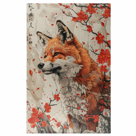 artă digitală, artă cu peisaje, artă inspirată din natură, vulpe și floricele, artă pentru casă, tablou cu vulpe, decor cu animale, artă modernă, cadou pentru iubitorii de natură, tablou elegant, decor minimalist, tablou cu fundal alb, stânci și flori, Marime 40x25CM