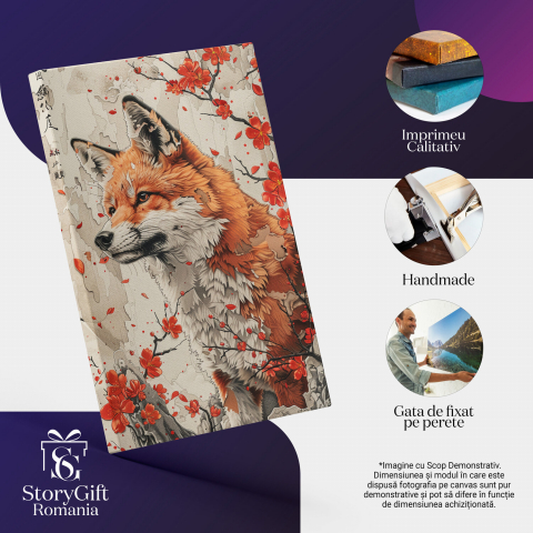 artă digitală, artă cu peisaje, artă inspirată din natură, vulpe și floricele, artă pentru casă, tablou cu vulpe, decor cu animale, artă modernă, cadou pentru iubitorii de natură, tablou elegant, decor minimalist, tablou cu fundal alb, stânci și flori, Marime 40x25CM [1]