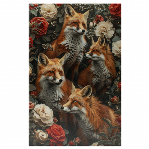 Vulpi Ce Stau la Panda pentru Pradă Ascunse în Flori - Pictură Digitală cu Natură și Animale, Marime 40x25CM