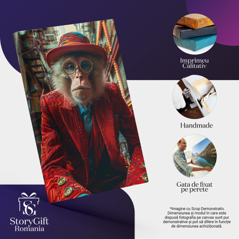 Maimuță Albă cu Pălărie și Ochelari - Tablou Canvas, Marime 40x25CM [1]