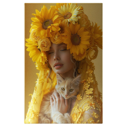 Portret - Tablou Canvas  Yellow Girl cu Floricele pe Palarie cu Ochii Inchisi cu o Pisica Blanda cu Ochii Mari Luminosi , Pictura Digitala 40x25CM