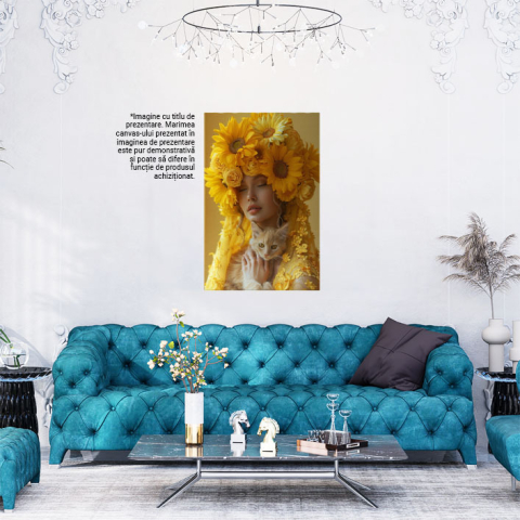 Tablou Canvas  Yellow Girl cu Floricele pe Palarie cu Ochii Inchisi cu o Pisica Blanda cu Ochii Mari Luminosi , Pictura Digitala 40x25CM [1]