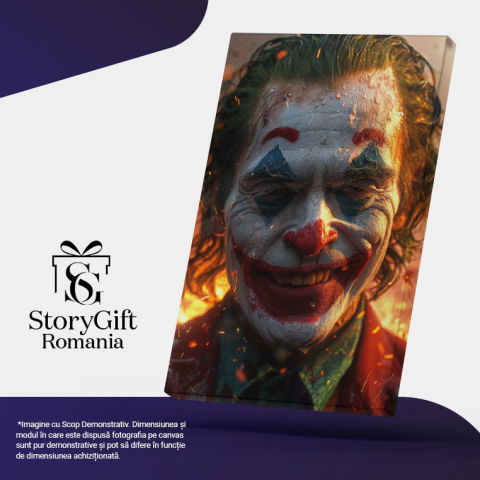 Tablou Canvas: Zâmbetul Negru al lui Joker Fericire Răzbunătoare și Flăcările din Spate Pictura Digitala 40x25CM [4]