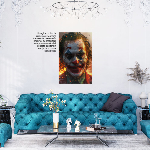 Tablou Canvas: Zâmbetul Negru al lui Joker Fericire Răzbunătoare și Flăcările din Spate Pictura Digitala 40x25CM [1]