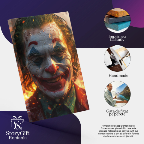 Tablou Canvas: Zâmbetul Negru al lui Joker Fericire Răzbunătoare și Flăcările din Spate Pictura Digitala 40x25CM [2]
