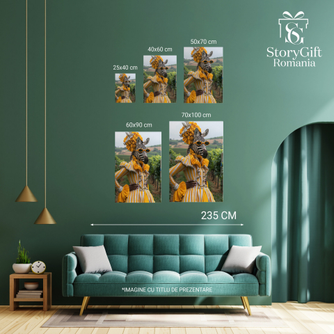 Tablou Canvas Zebra cu Dungi Galbene și Perle pe Fundal de Viță de Vie, Marime 40x25CM [3]