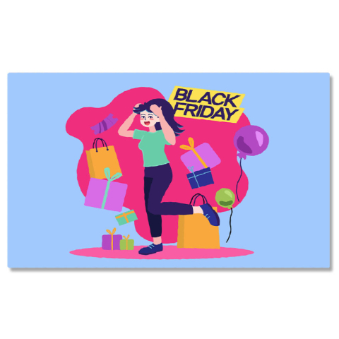 Tablouri Canvas - Tablou Cnavas Pasiune pentru Reduceri, Pata Roz de Culoare  in care Sunt Cadouri si o Femeie cu Mainile-n Cap 40x25CM