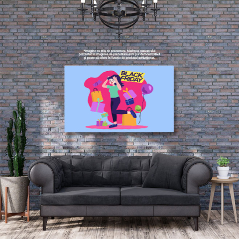 Tablou Cnavas Pasiune pentru Reduceri, Pata Roz de Culoare  in care Sunt Cadouri si o Femeie cu Mainile-n Cap 40x25CM [2]