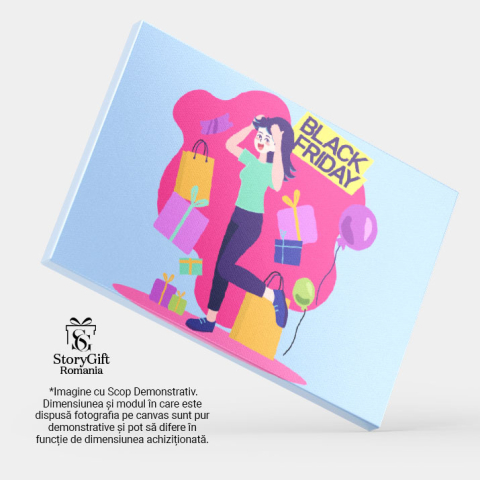 Tablou Cnavas Pasiune pentru Reduceri, Pata Roz de Culoare  in care Sunt Cadouri si o Femeie cu Mainile-n Cap 40x25CM [3]