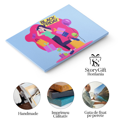 Tablou Cnavas Pasiune pentru Reduceri, Pata Roz de Culoare  in care Sunt Cadouri si o Femeie cu Mainile-n Cap 40x25CM [1]