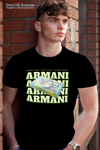 Tricou Barbati _Armani_ - 100 Lei Romanesti cu imprimeu pe Fata, 100% Bumbac, Negru, L [1]