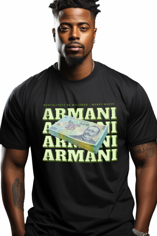 Promotii - Tricou Barbati _Armani_ - 100 Lei Romanesti cu imprimeu pe Fata, 100% Bumbac,  Negru, L