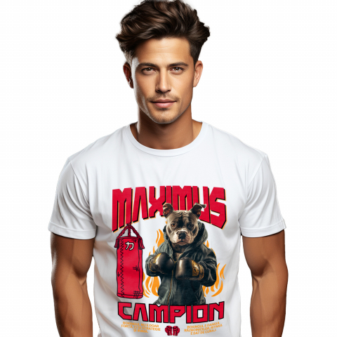 Personalizate cu Animalul Tau - Tricou Barbati cu Animal Boxer In Hanorac, Sac de Box, Flacari, Peronalizata cu Numele si Poza Animalului Tau cu imprimeu pe Fata, 100% Bumbac, Alb, XS