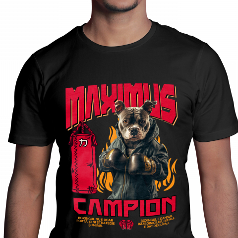 Personalizate cu Animalul Tau - Tricou Barbati cu Animal Boxer In Hanorac, Sac de Box, Flacari, Peronalizata cu Numele si Poza Animalului Tau cu imprimeu pe Fata, 100% Bumbac, Negru, M