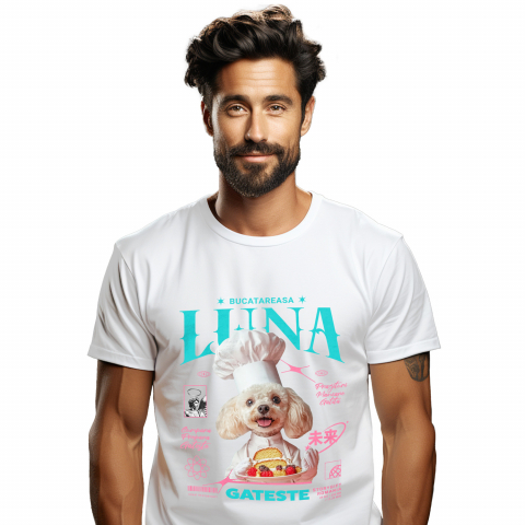 Personalizate cu Animalul Tau - Tricou Barbati cu Animal Bucatar, Cofetar, Patiser, Peronalizata cu Numele si Poza Animalului Tau cu imprimeu pe Fata, 100% Bumbac, Alb, XS