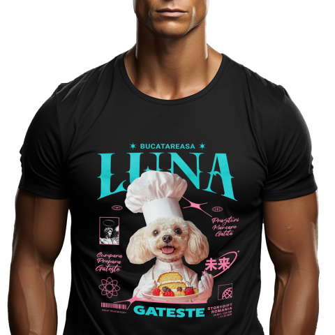Personalizate cu Animalul Tau - Tricou Barbati cu Animal Bucatar, Cofetar, Patiser, Peronalizata cu Numele si Poza Animalului Tau cu imprimeu pe Fata, 100% Bumbac, Negru, XS