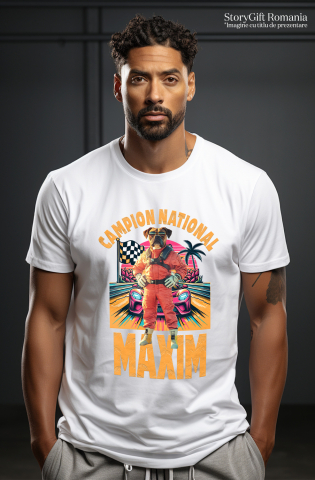 Tricou Barbati cu Animal Campion la Cursele cu Masini, Peronalizata cu Numele si Poza Animalului Tau cu imprimeu pe Fata, 100% Bumbac, Alb, XS [1]