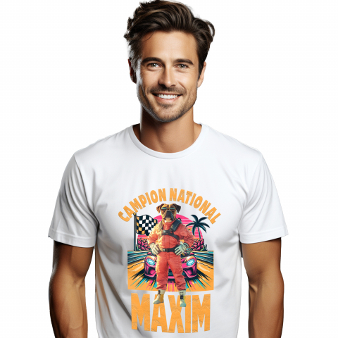 Personalizate cu Animalul Tau - Tricou Barbati cu Animal Campion la Cursele cu Masini, Peronalizata cu Numele si Poza Animalului Tau cu imprimeu pe Fata, 100% Bumbac, Alb, XS