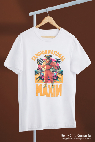 Tricou Barbati cu Animal Campion la Cursele cu Masini, Peronalizata cu Numele si Poza Animalului Tau cu imprimeu pe Fata, 100% Bumbac, Alb, XS [2]