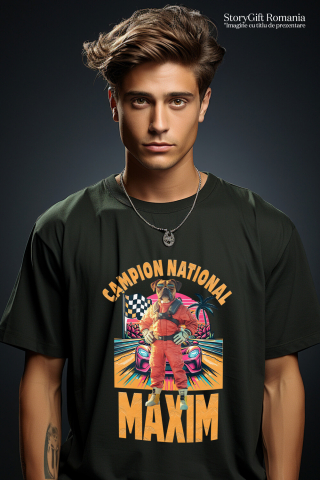 Tricou Barbati cu Animal Campion la Cursele cu Masini, Peronalizata cu Numele si Poza Animalului Tau cu imprimeu pe Fata, 100% Bumbac, Negru, XS [1]