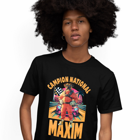 Personalizate cu Animalul Tau - Tricou Barbati cu Animal Campion la Cursele cu Masini, Peronalizata cu Numele si Poza Animalului Tau cu imprimeu pe Fata, 100% Bumbac, Negru, XS