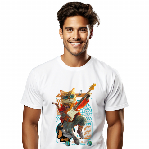 Tricouri - Tricou Barbati cu Animal Cantand la Chitara, Peronalizata cu Numele si Poza Animalului Tau cu imprimeu pe Fata, 100% Bumbac, Alb, S