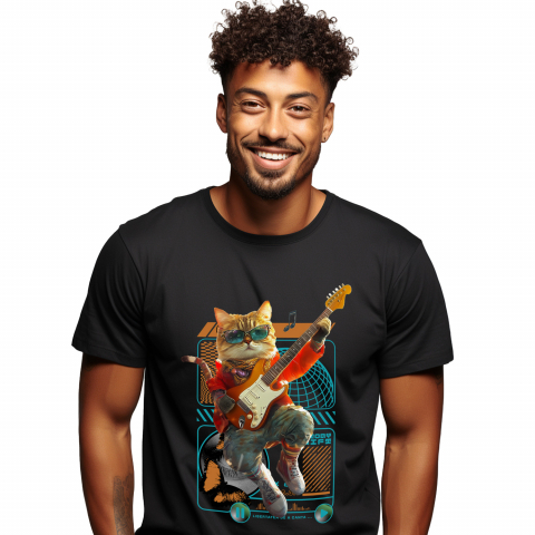 Personalizate cu Animalul Tau - Tricou Barbati cu Animal Cantand la Chitara, Peronalizata cu Numele si Poza Animalului Tau cu imprimeu pe Fata, 100% Bumbac, Negru, XS