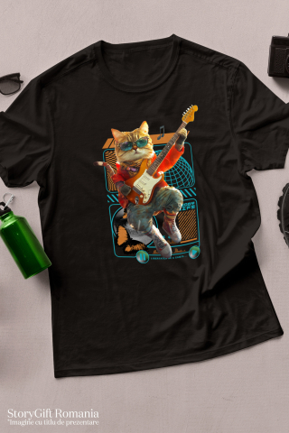 Tricou Barbati cu Animal Cantand la Chitara, Peronalizata cu Numele si Poza Animalului Tau cu imprimeu pe Fata, 100% Bumbac, Negru, S [2]