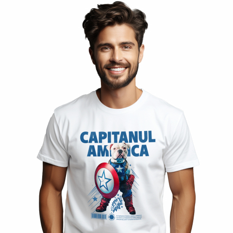 Personalizate cu Animalul Tau - Tricou Barbati cu Animal Capitanul America, Peronalizata cu Numele si Poza Animalului Tau cu imprimeu pe Fata, 100% Bumbac, Alb, XS