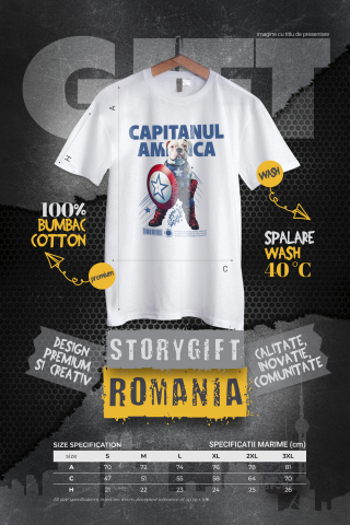 Tricou Barbati cu Animal Capitanul America, Peronalizata cu Numele si Poza Animalului Tau cu imprimeu pe Fata, 100% Bumbac, Alb, XS [3]