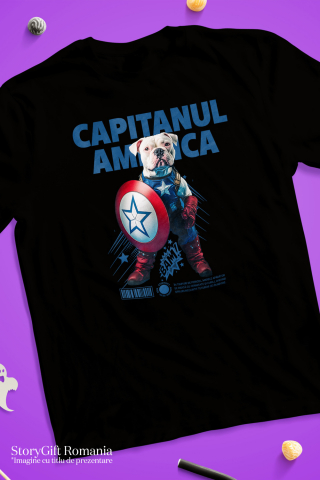Tricou Barbati cu Animal Capitanul America, Peronalizata cu Numele si Poza Animalului Tau cu imprimeu pe Fata, 100% Bumbac, Negru, M [2]