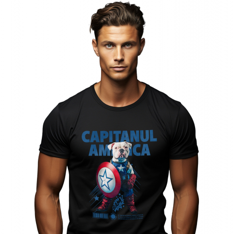 Personalizate cu Animalul Tau - Tricou Barbati cu Animal Capitanul America, Peronalizata cu Numele si Poza Animalului Tau cu imprimeu pe Fata, 100% Bumbac, Negru, XS