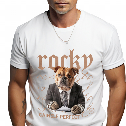 Personalizate cu Animalul Tau - Tricou Barbati cu Animal Contabil in Costum, Peronalizata cu Numele si Poza Animalului Tau cu imprimeu pe Fata, 100% Bumbac, Alb, XS