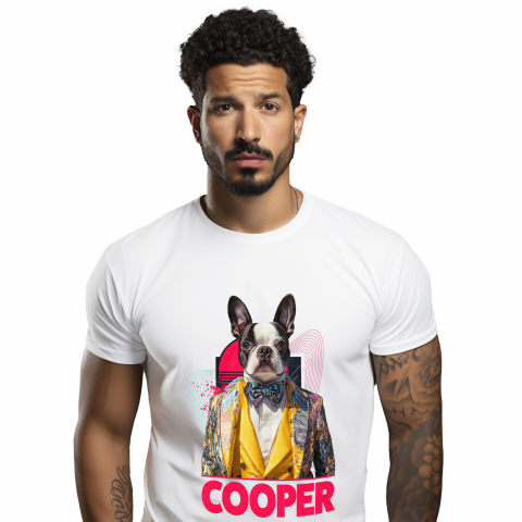 Personalizate cu Animalul Tau - Tricou Barbati cu Animal Designer de Moda, Costum Colorat, Peronalizata cu Numele si Poza Animalului Tau cu imprimeu pe Fata, 100% Bumbac, Alb, XS