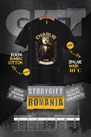 Tricou Barbati cu Animal Gentleman in Costum, Camasa, Papion si Floare Trandfir, Peronalizata cu Numele si Poza Animalului Tau cu imprimeu pe Fata, 100% Bumbac, Negru, XS [3]