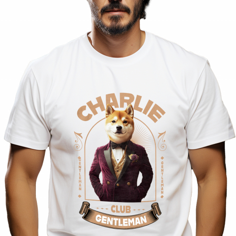 Personalizate cu Animalul Tau - Tricou Barbati cu Animal Gentleman in Costum, Camasa, Papion si Floare Trandfir, Peronalizata cu Numele si Poza Animalului Tau cu imprimeu pe Fata, 100% Bumbac, Alb, XS