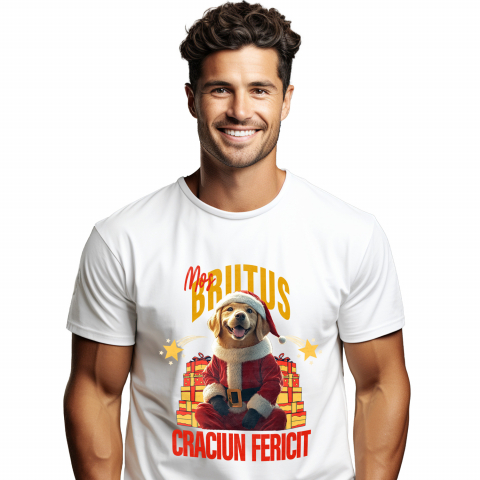 Personalizate cu Animalul Tau - Tricou Barbati cu Animal Imbracat in Haine de Craciun, Cadouri, Peronalizata cu Numele si Poza Animalului Tau cu imprimeu pe Fata, 100% Bumbac, Alb, XS