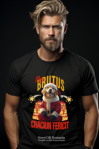 Tricou Barbati cu Animal Imbracat in Haine de Craciun, Cadouri, Peronalizata cu Numele si Poza Animalului Tau cu imprimeu pe Fata, 100% Bumbac, Negru, S [1]