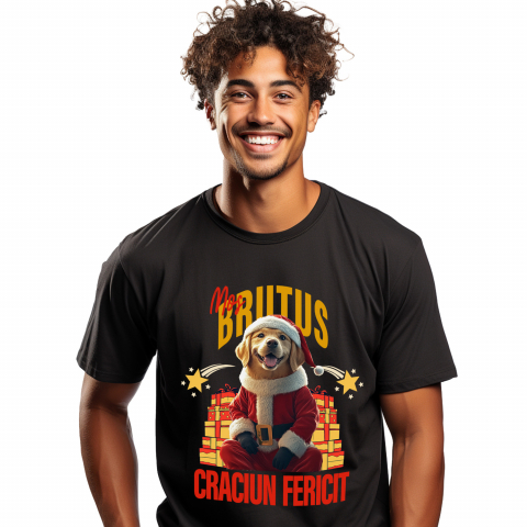 Tricouri - Tricou Barbati cu Animal Imbracat in Haine de Craciun, Cadouri, Peronalizata cu Numele si Poza Animalului Tau cu imprimeu pe Fata, 100% Bumbac, Negru, XS