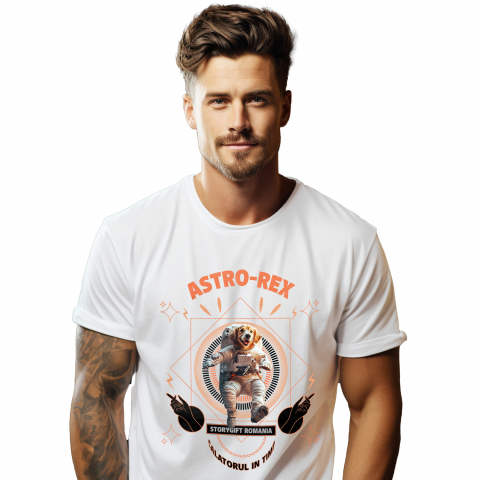 Tricouri - Tricou Barbati cu Animal In Costum de Astronaut , Peronalizata cu Numele si Poza Animalului Tau cu imprimeu pe Fata, 100% Bumbac, Alb, S