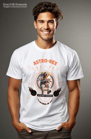 Tricou Barbati cu Animal In Costum de Astronaut , Peronalizata cu Numele si Poza Animalului Tau cu imprimeu pe Fata, 100% Bumbac, Alb, S [1]