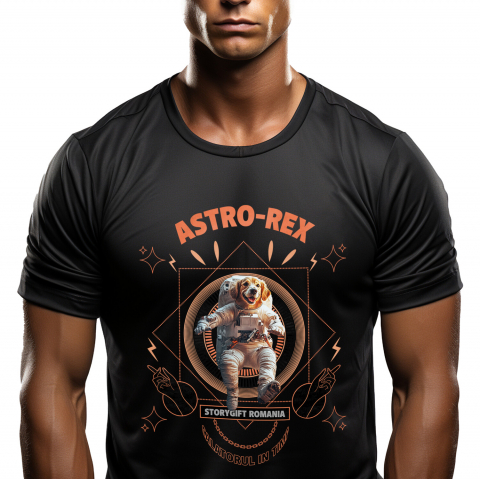 Personalizate cu Animalul Tau - Tricou Barbati cu Animal In Costum de Astronaut , Peronalizata cu Numele si Poza Animalului Tau cu imprimeu pe Fata, 100% Bumbac, Negru, XS
