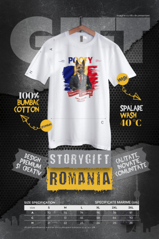 Tricou Barbati cu Animal In Costum de Presedinte, Steagul Romaniei, Peronalizata cu Numele si Poza Animalului Tau cu imprimeu pe Fata, 100% Bumbac, Alb, M [3]