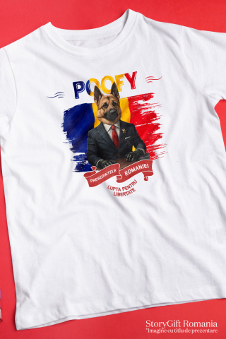 Tricou Barbati cu Animal In Costum de Presedinte, Steagul Romaniei, Peronalizata cu Numele si Poza Animalului Tau cu imprimeu pe Fata, 100% Bumbac, Alb, M [2]