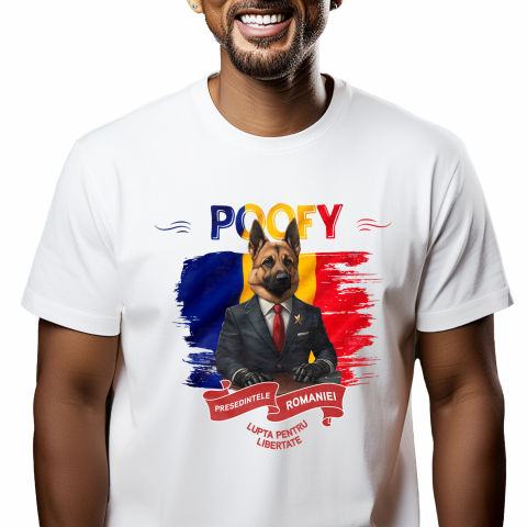 Tricouri - Tricou Barbati cu Animal In Costum de Presedinte, Steagul Romaniei, Peronalizata cu Numele si Poza Animalului Tau cu imprimeu pe Fata, 100% Bumbac, Alb, M